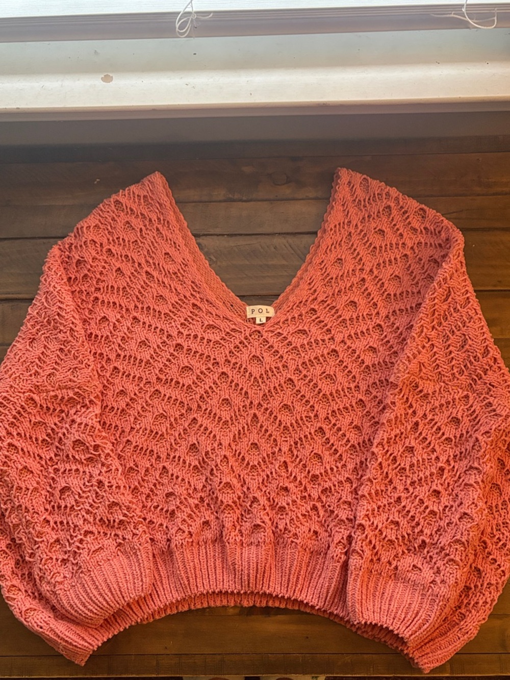 POL Coral Open-Knit V-Neck Sweater